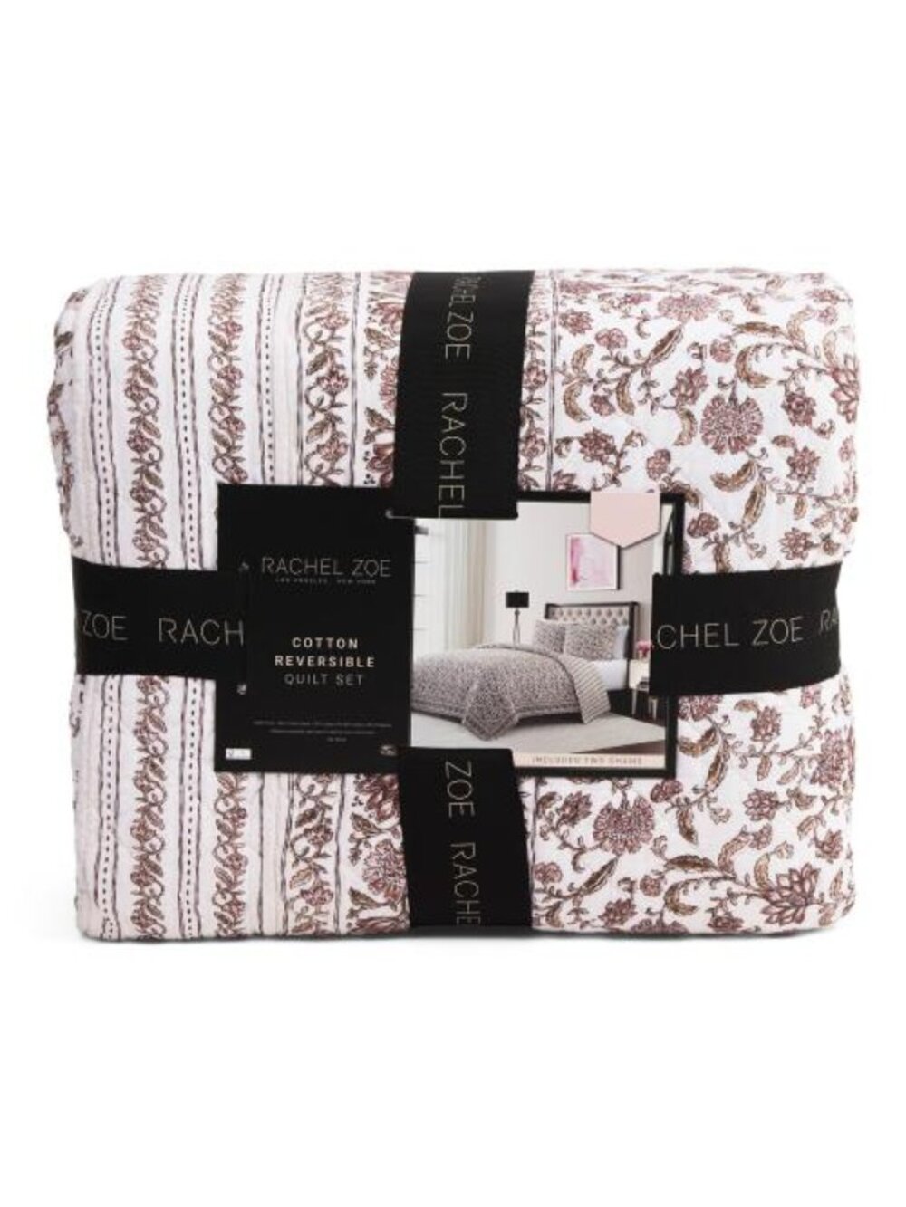 RACHEL ZOE Dusty Rose and White Cotton Floral Border Print Quilt Set